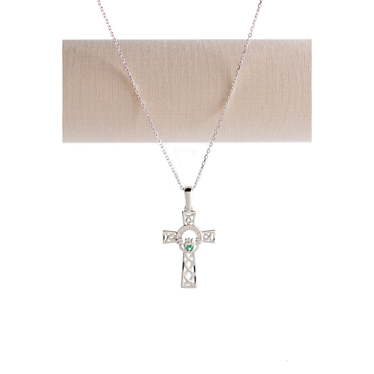 Cashs Ireland, Sterling Silver Celtic Cross Necklace With Claddagh Green Stone